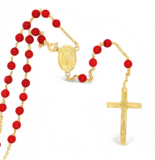Front view of 18k Italian Yellow Gold Coral Rosary Necklace