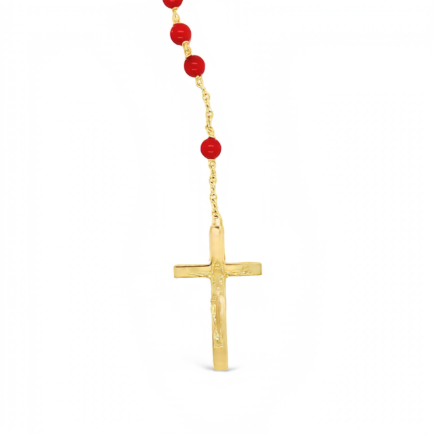 Front view of 18k Italian Yellow Gold Coral Rosary Necklace