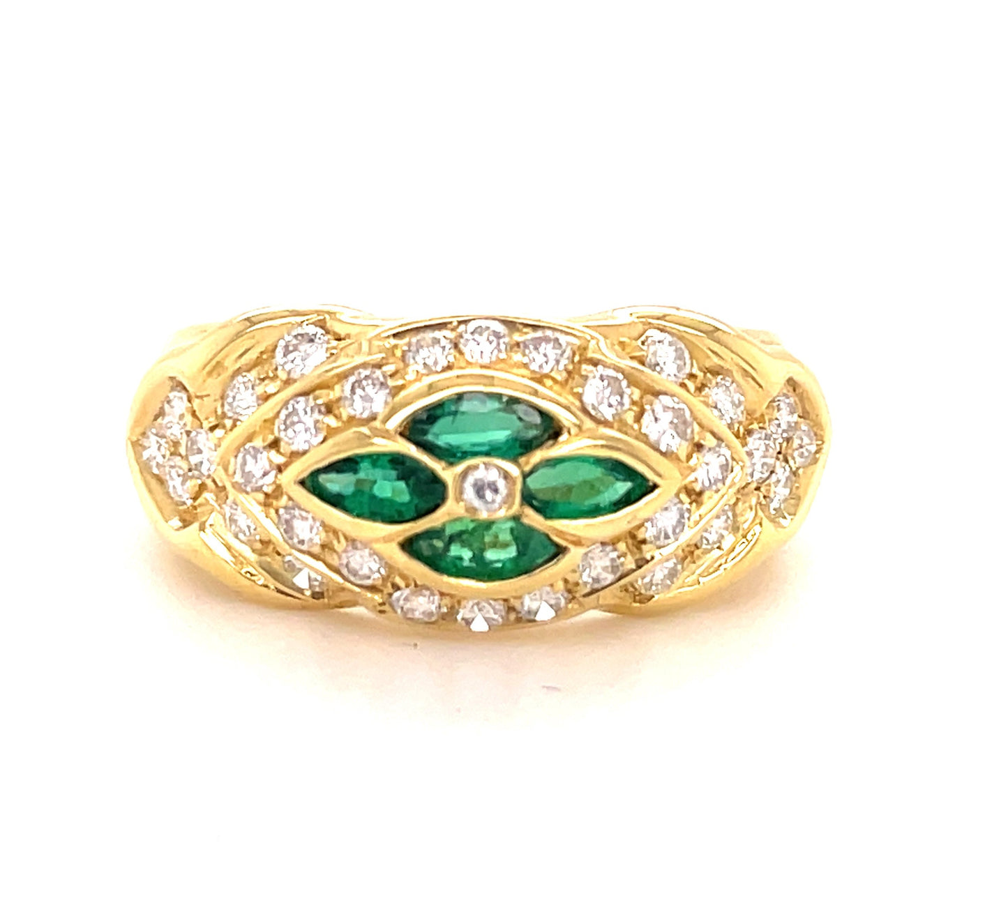 Emerald & Diamond Flower Motif Ring Front view 