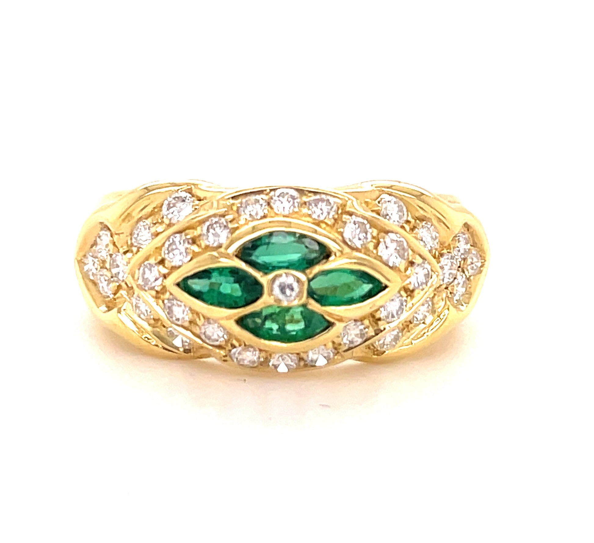 Emerald & Diamond Flower Motif Ring Front view 