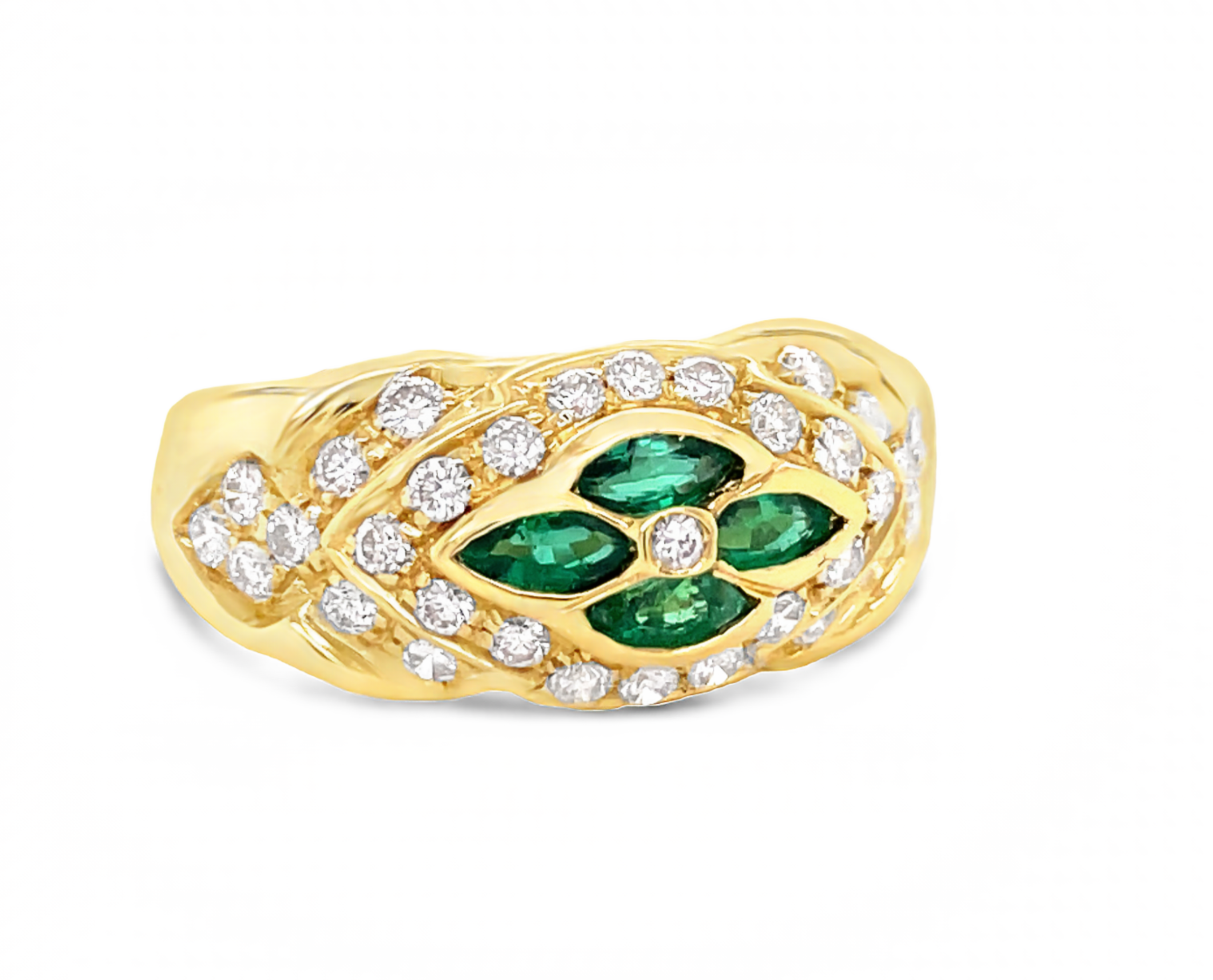 18k yellow gold  Surrounded by white round diamonds    Four marquise emeralds   9.50 mm.