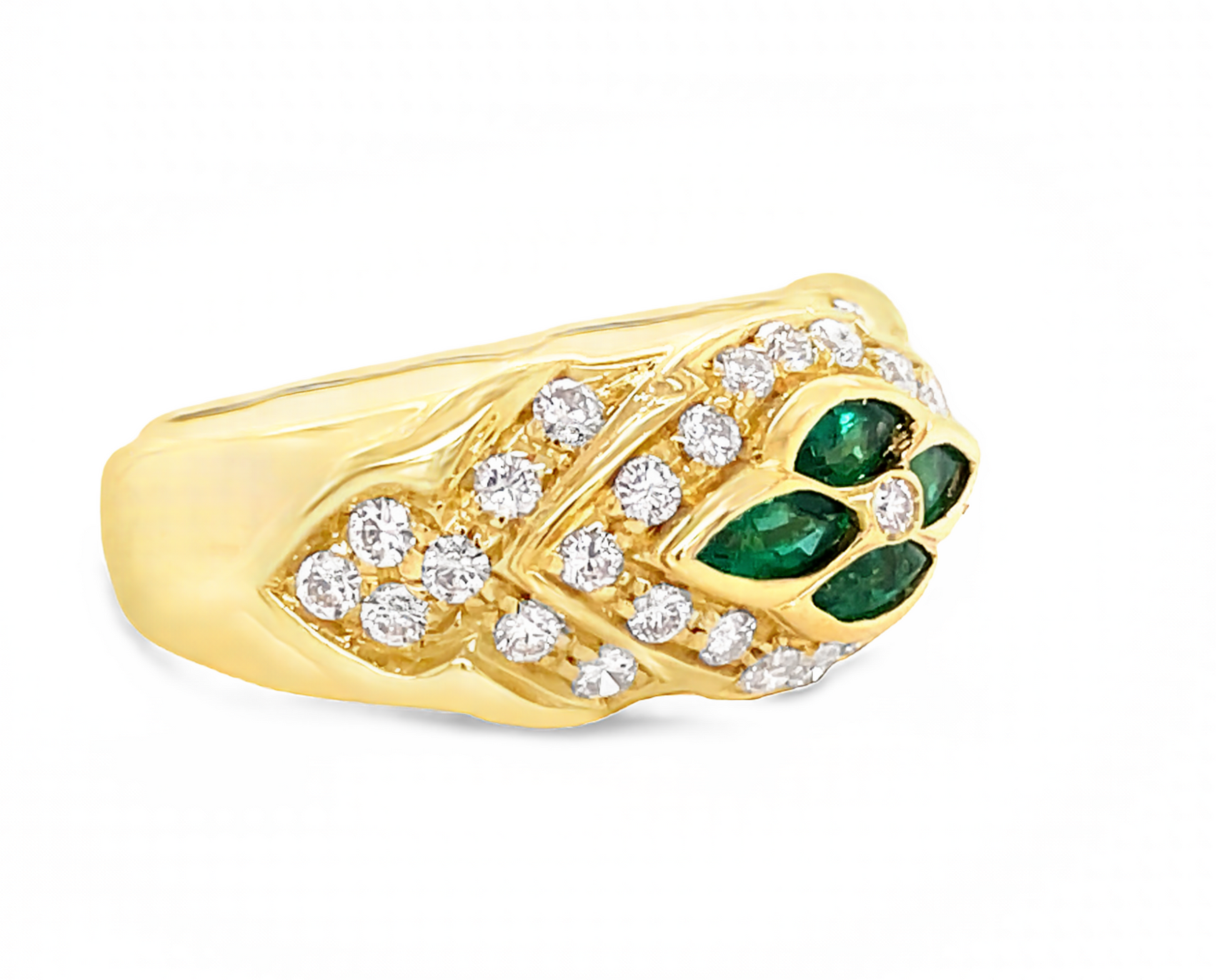 Emerald & Diamond Flower Motif Ring Side view 