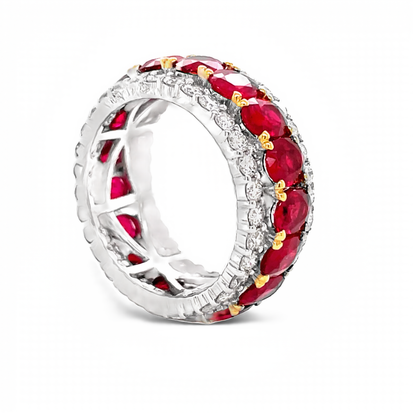 Side view of 18k Two Tone Oval Shape Ruby & Diamond Eternity Band