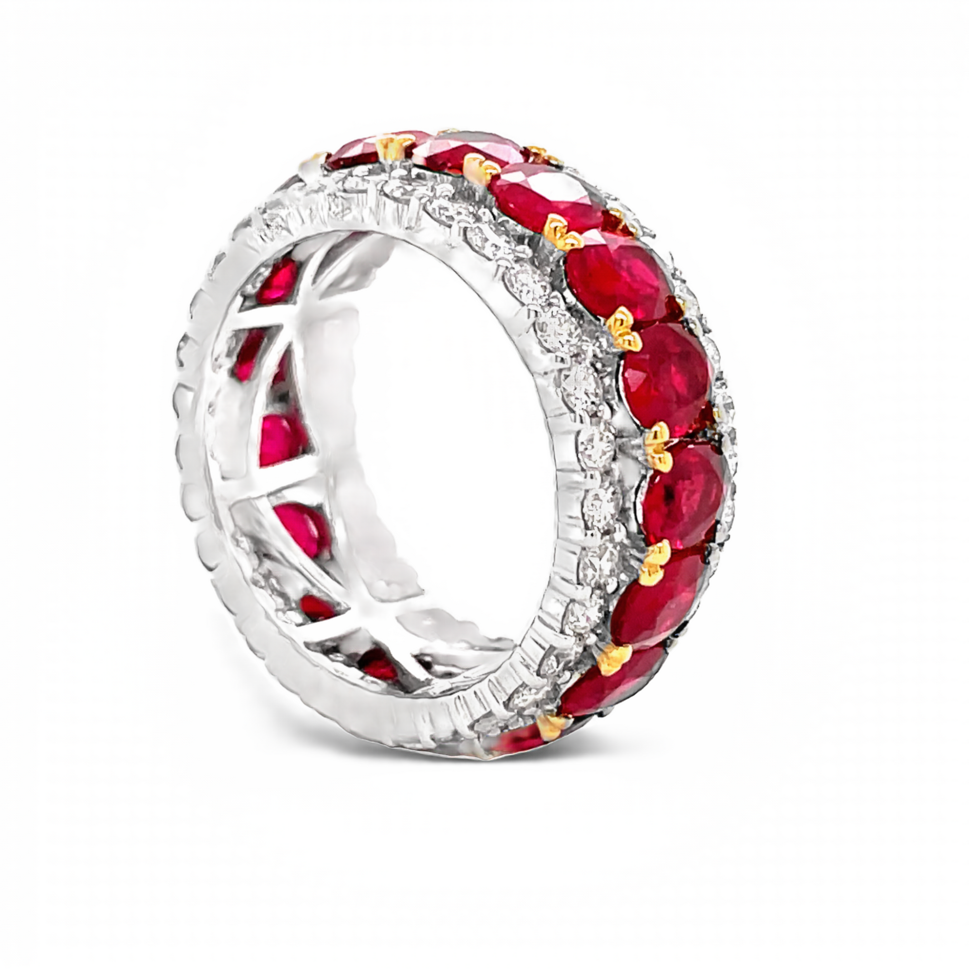 Side view of 18k Two Tone Oval Shape Ruby & Diamond Eternity Band