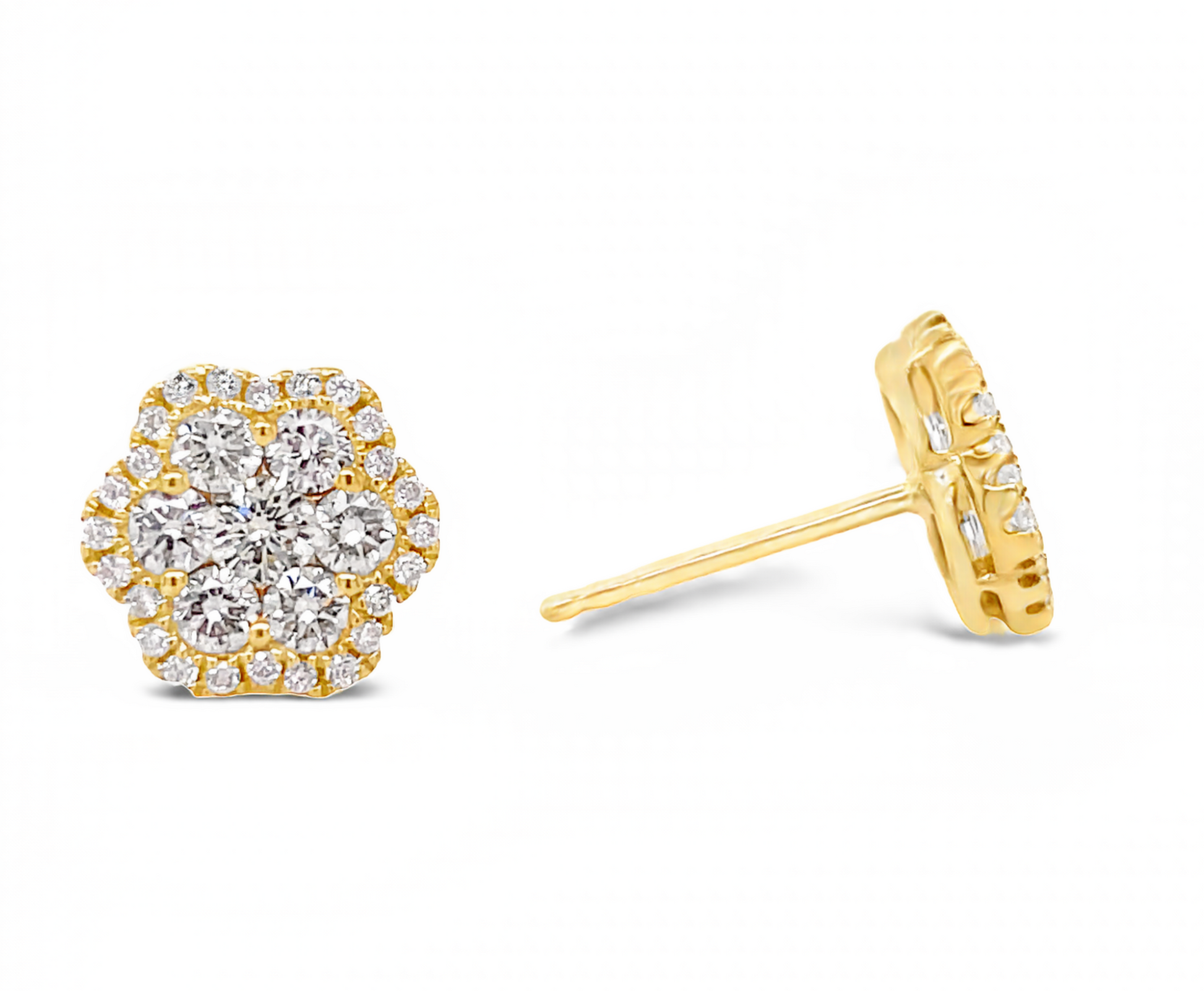 Flower Motif Diamond Stud Earrings Set in Yellow Gold Front and Side View