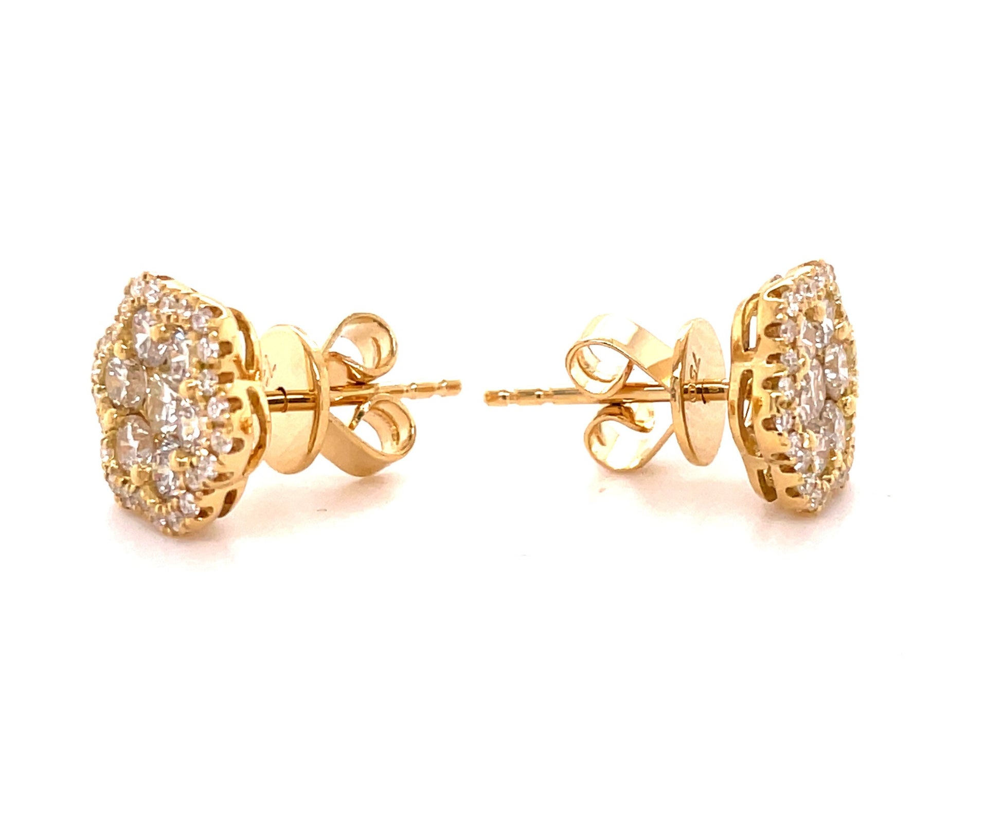 Flower Motif Diamond Stud Earrings Set in Yellow Gold Side view 