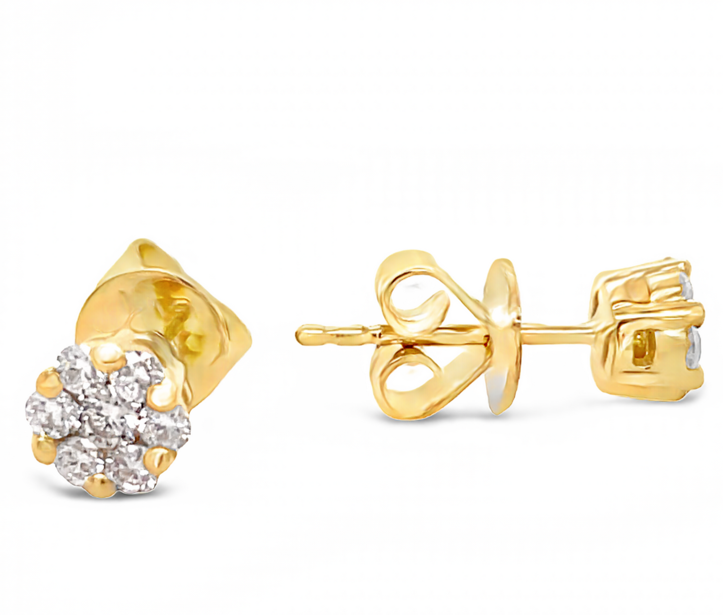 Front and side view of 18k Yellow Gold Small Flower Cluster Diamond Stud Earrings Set in Yellow Gold