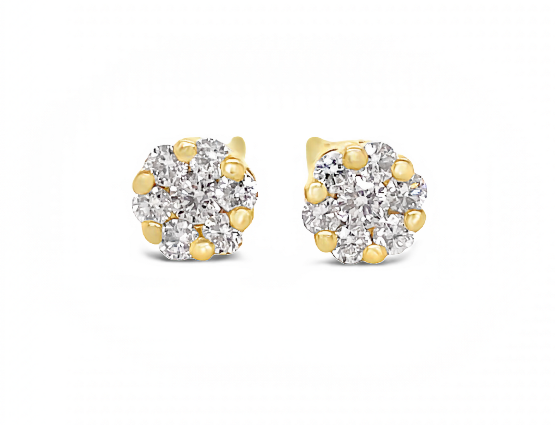 Front view of 18k Yellow Gold Small Flower Cluster Diamond Stud Earrings Set in Yellow Gold
