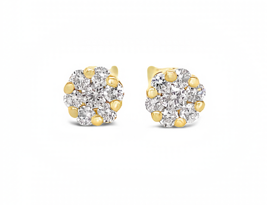Front view of 18k Yellow Gold Small Flower Cluster Diamond Stud Earrings Set in Yellow Gold