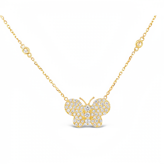 Diamond Butterfly Yellow Gold Pendant Necklace Front view 