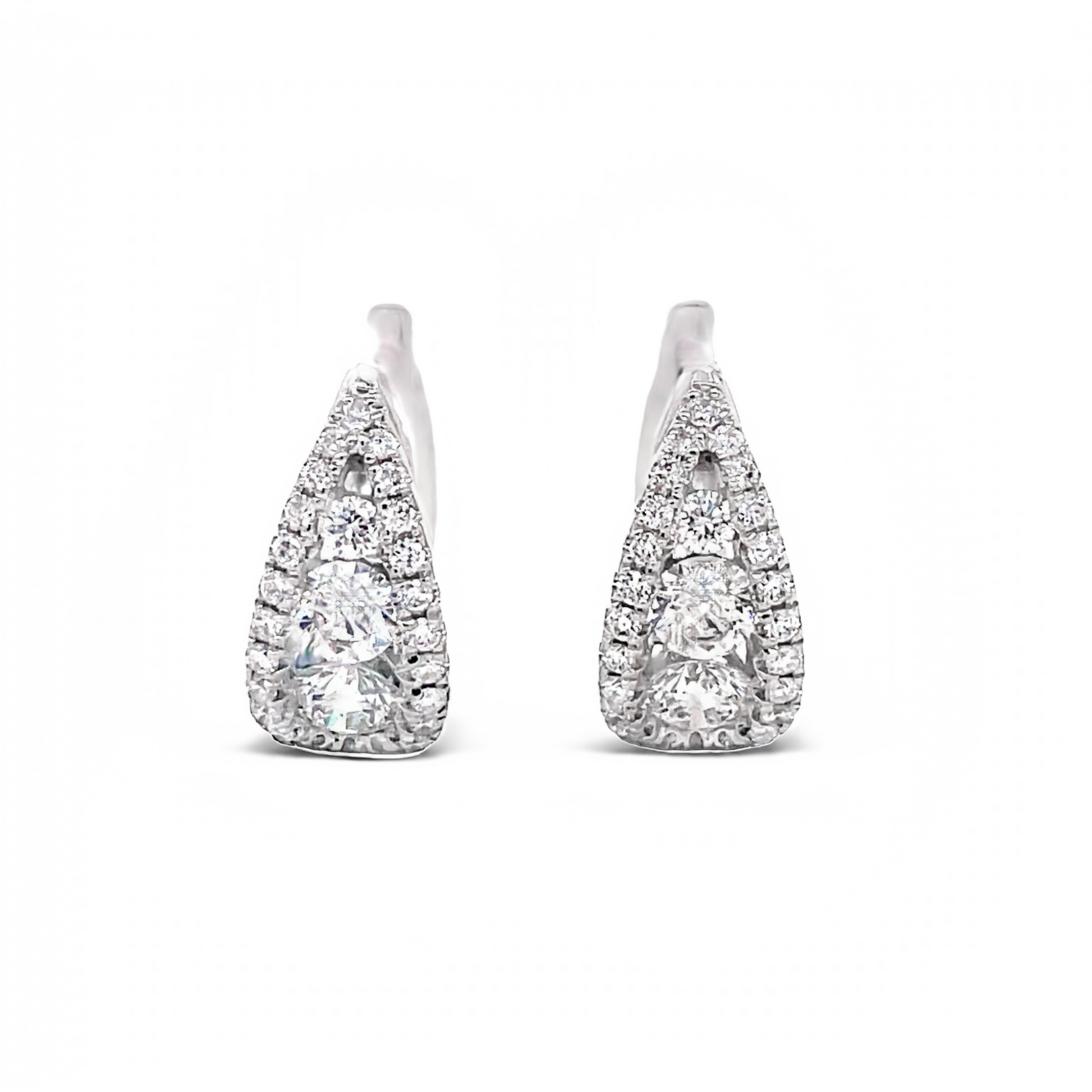 Front view of 18k White Gold Teardrop Diamond Huggie Earrings