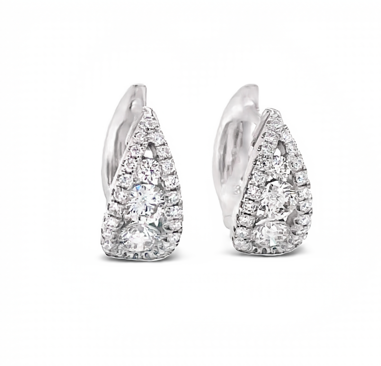 Side view of 18k White Gold Teardrop Diamond Huggie Earrings