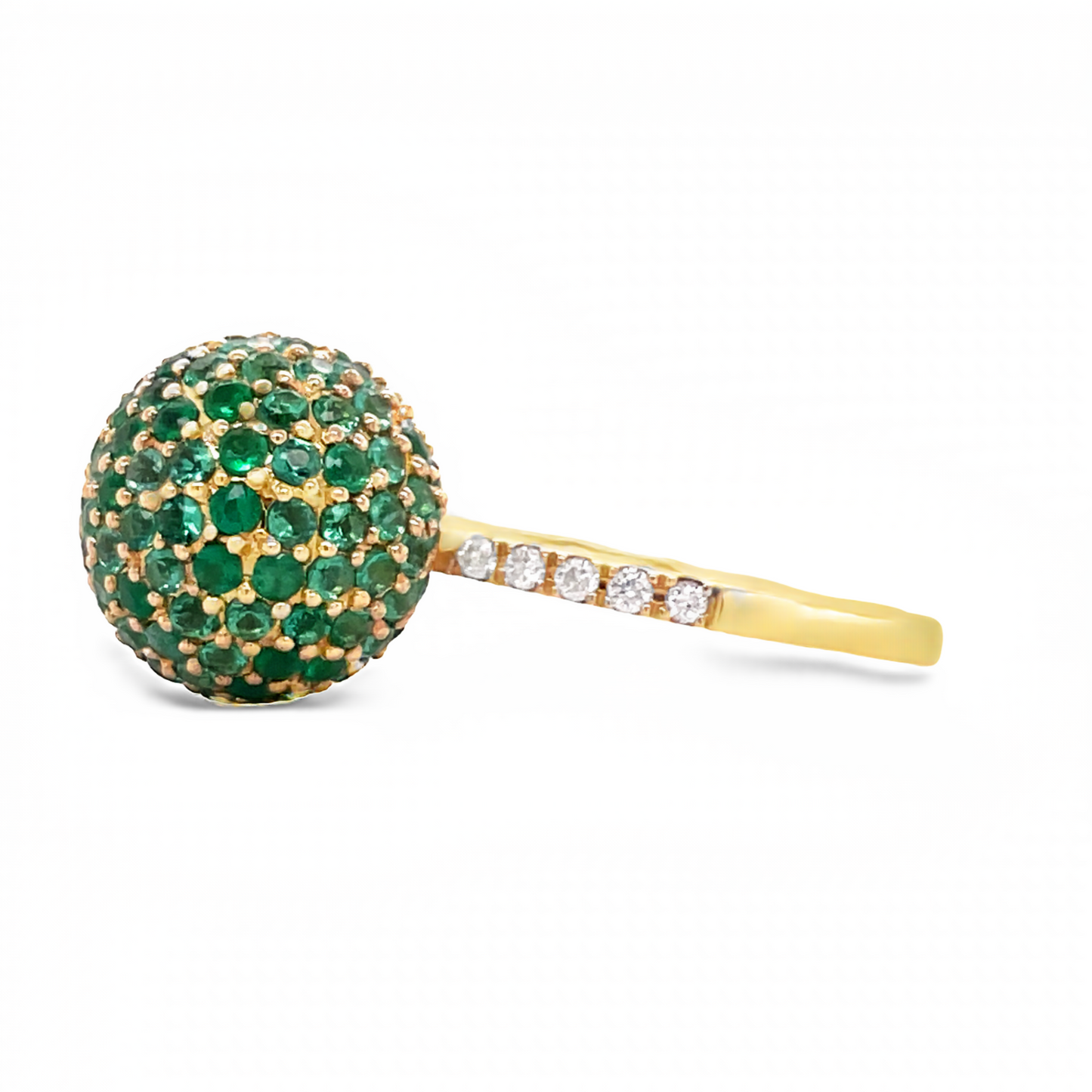 Side view of  14k Yellow Gold Round Disco Ball Emerald Ring