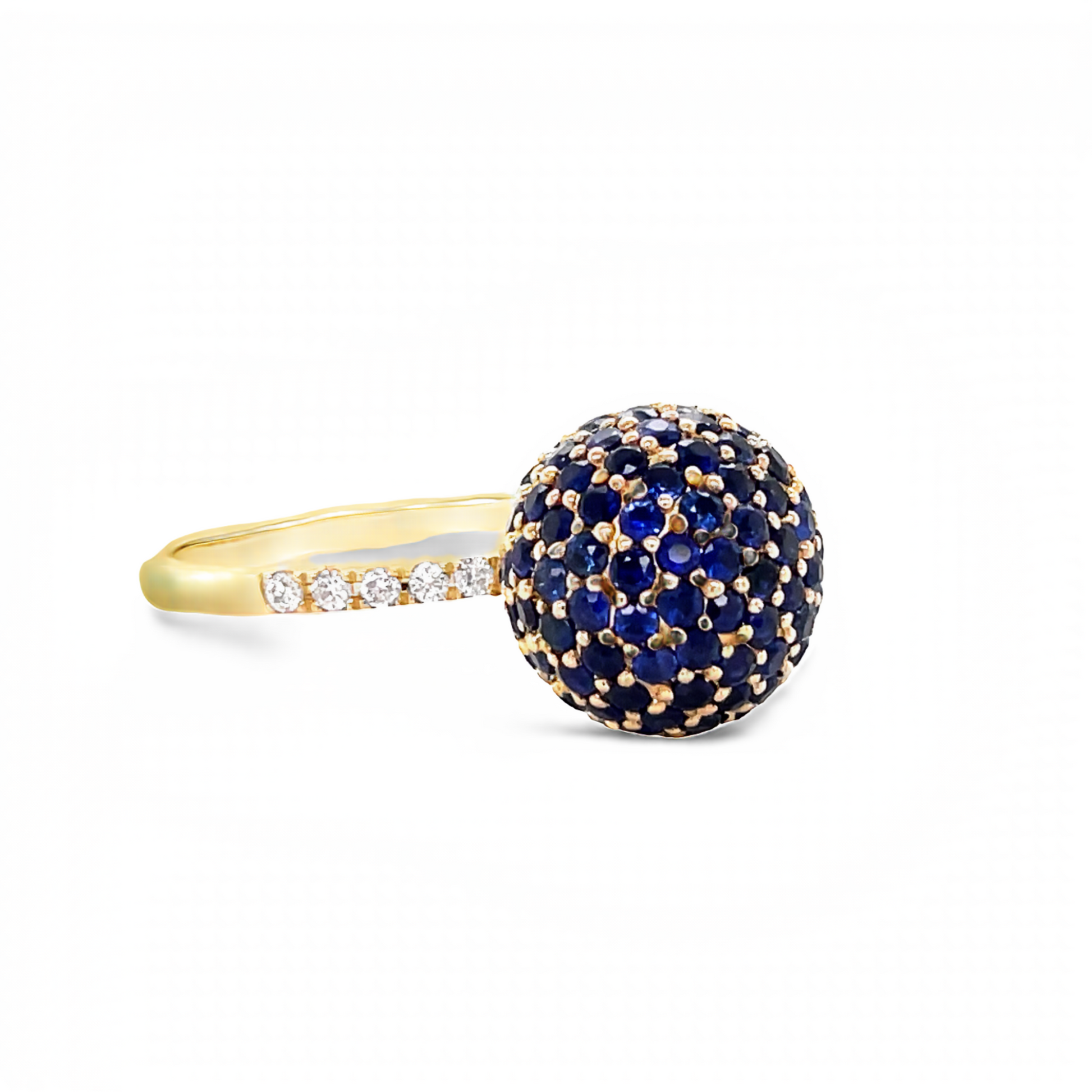 Side view of 14k Yellow Gold Round Disco Ball Sapphire Ring