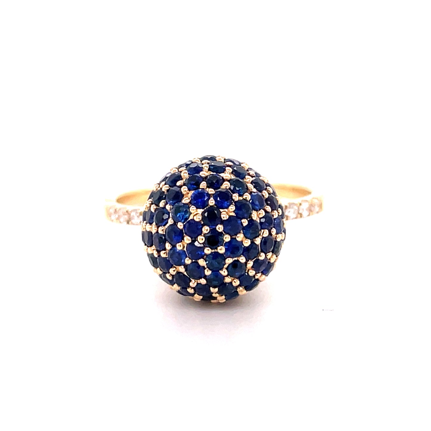 Front view of 14k Yellow Gold Round Disco Ball Sapphire Ring