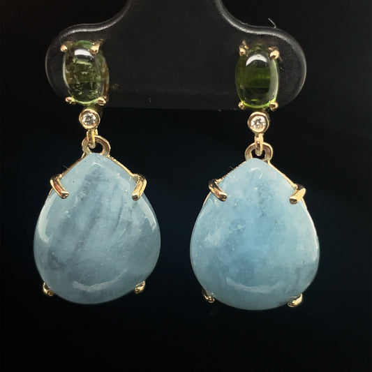 Front view of 14k Yellow Gold Aquamarine Cabochon & Tourmaline Drop Earrings
