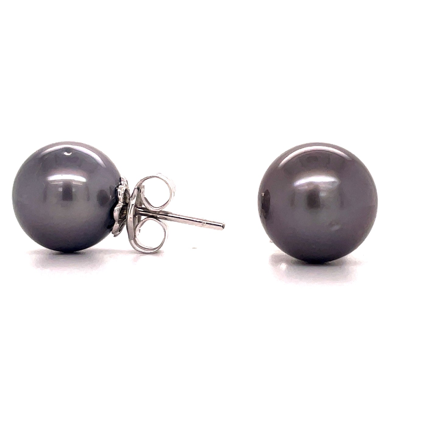 Front view and side view of 14k White Gold Tahitian Pearls Stud Earrings