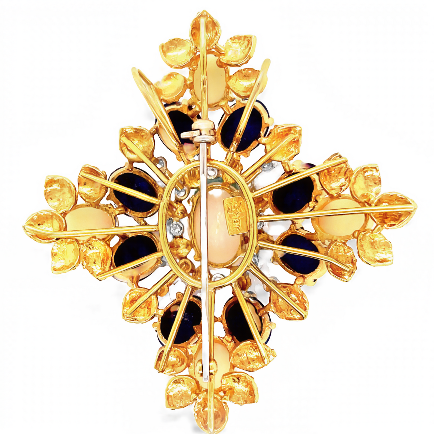 Vintage 18k Yellow Gold Lapis, Angel Skin & Diamond Brooch Back View