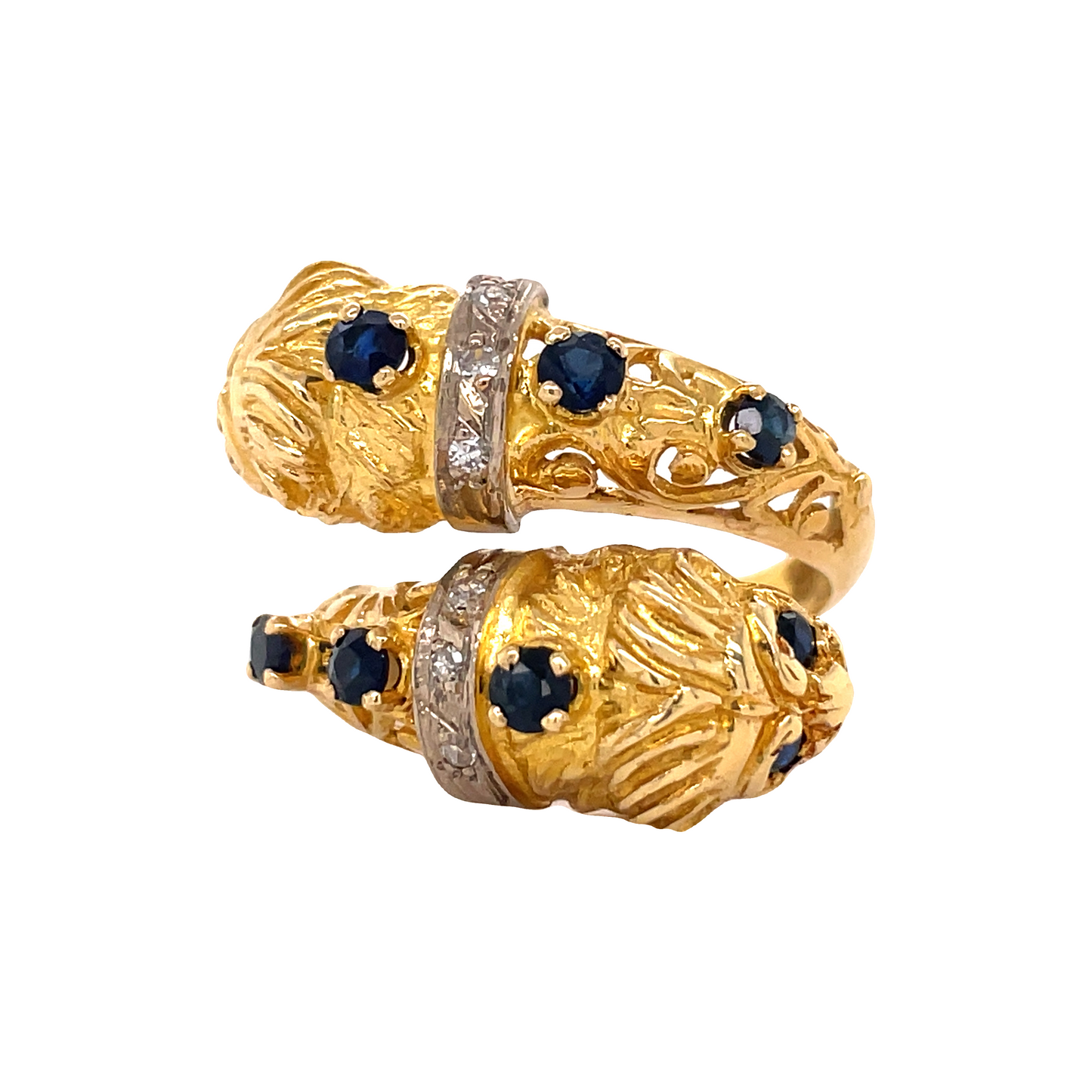 Front view of Estate Sapphire and Diamond Crossover Lion ring