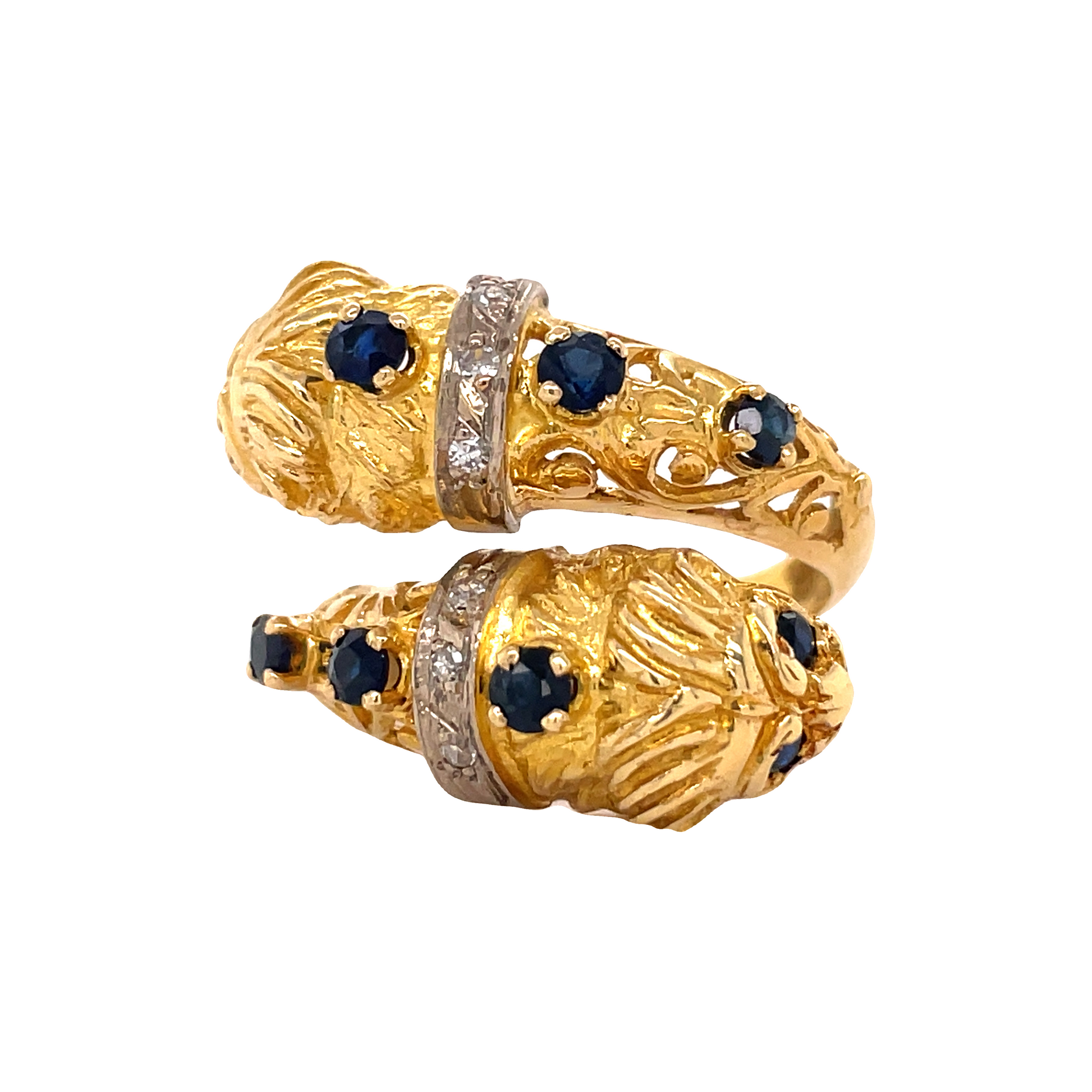 Front view of Estate Sapphire and Diamond Crossover Lion ring