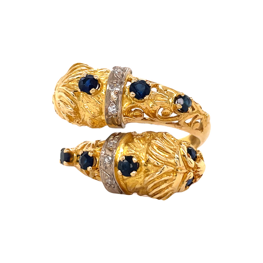 Front view of Estate Sapphire and Diamond Crossover Lion ring