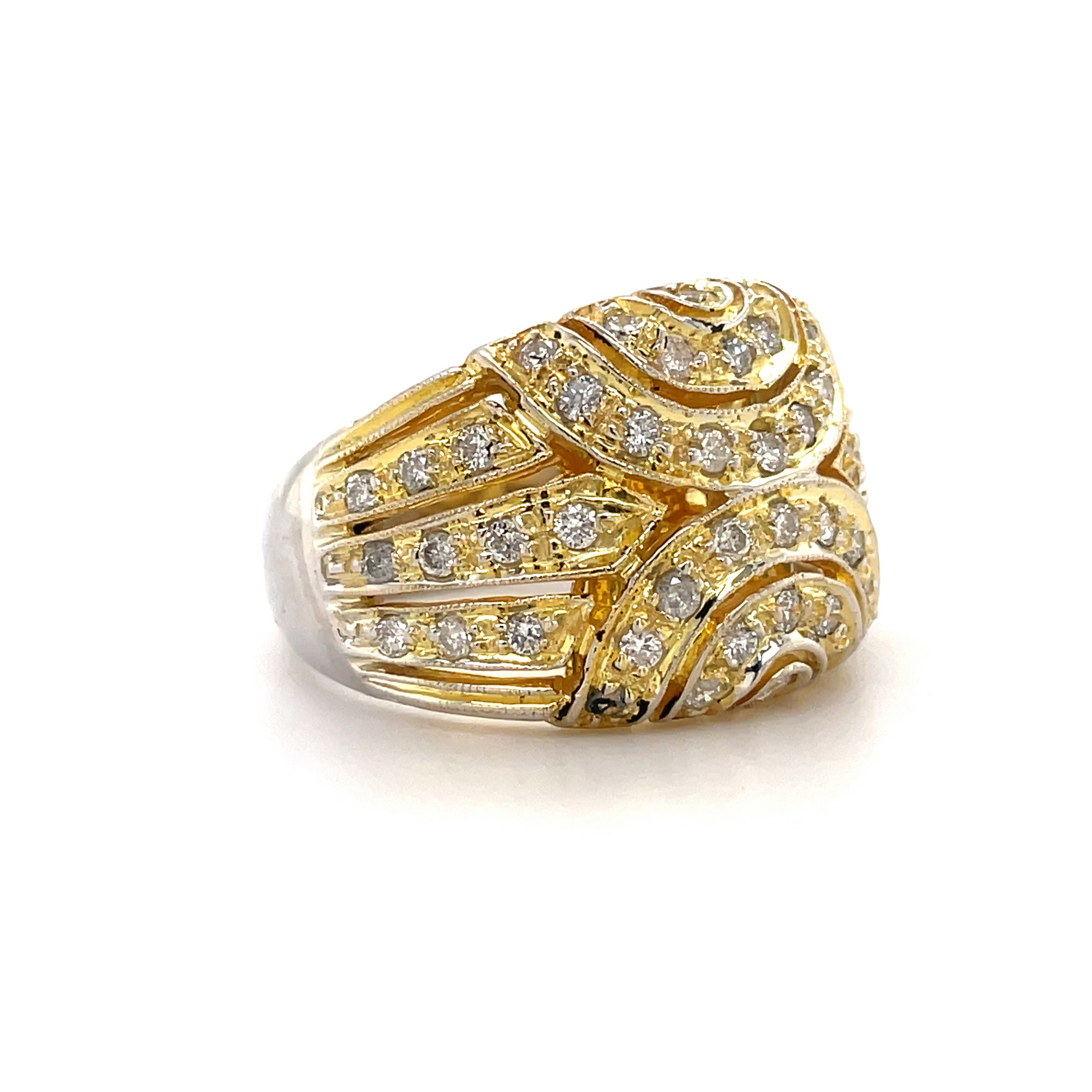18k Italian Modern Two Tone Wide Diamond Ring Side view