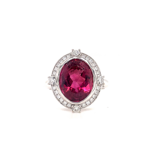Front view of 14k White Gold Pink Tourmaline & Diamond Bezel Set Ring