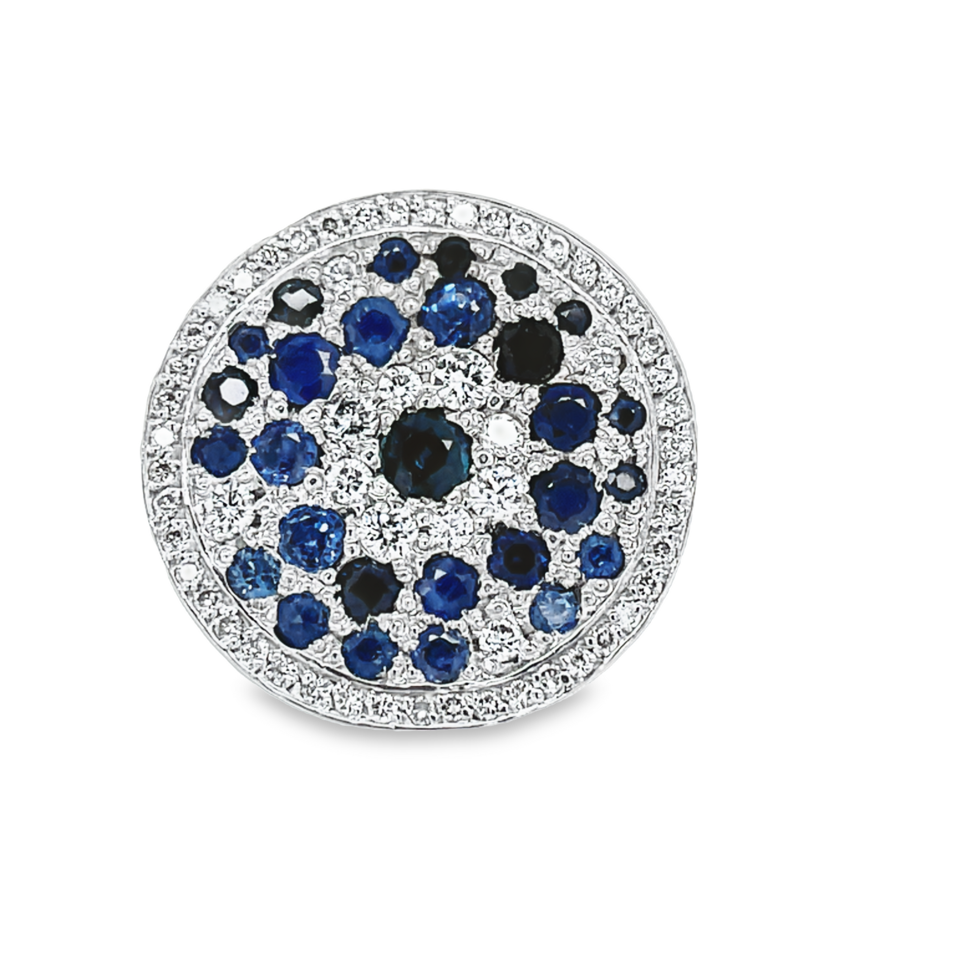 Front view of 18k White Gold Multi Shade Blue Sapphire & Diamond Disk Ring