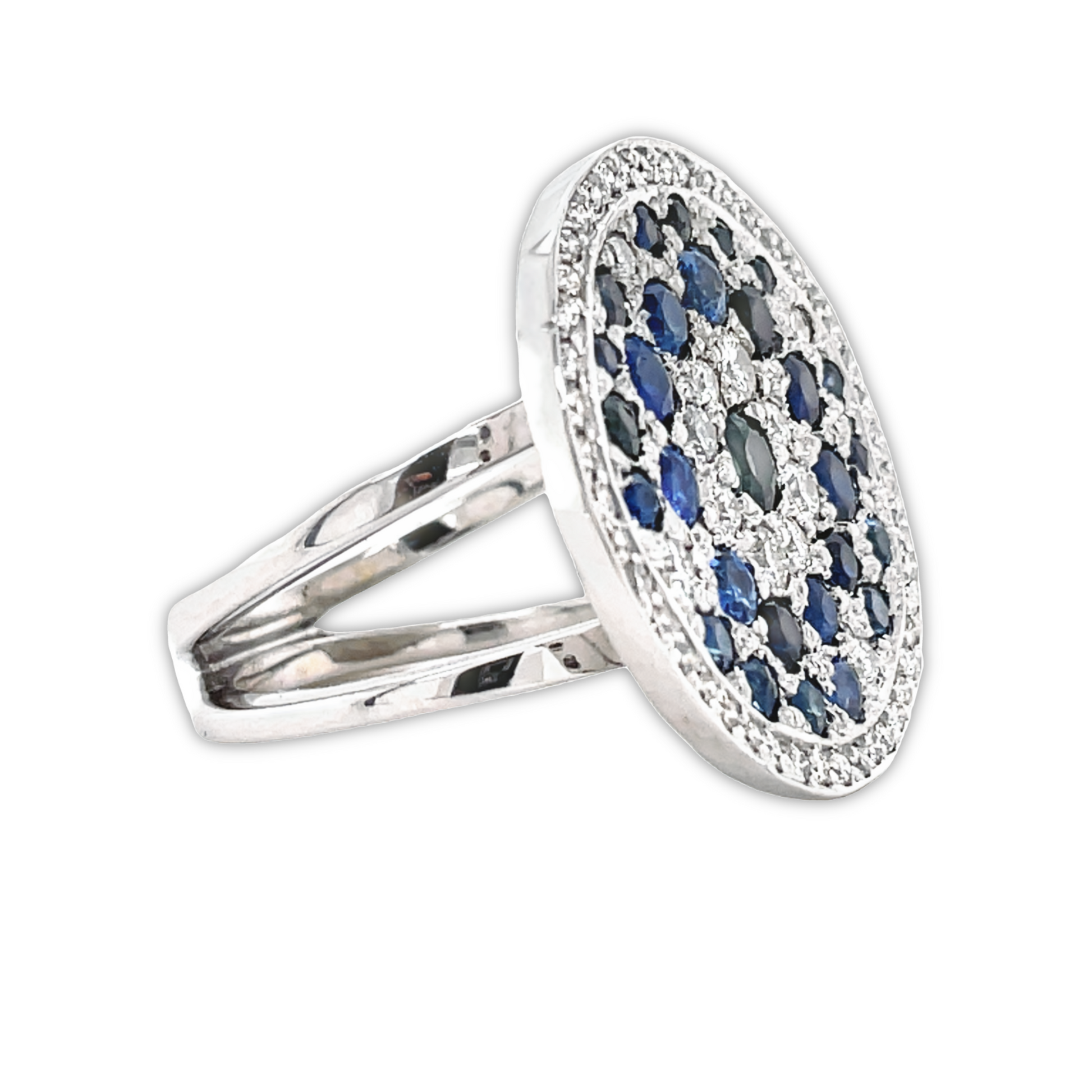 Side view of18k White Gold Multi Shade Blue Sapphire & Diamond Disk Ring