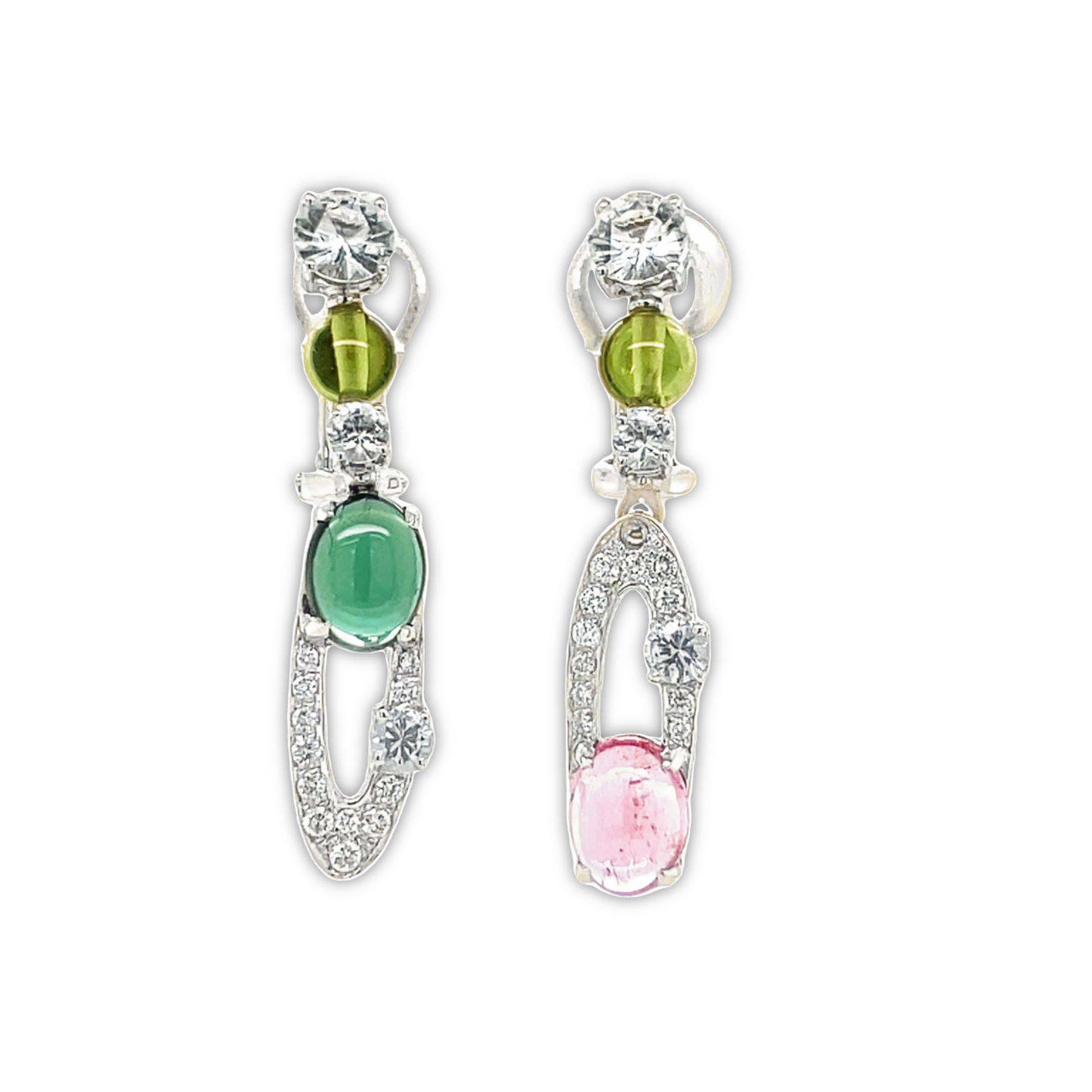 Front view of 18k White Gold Tourmaline, Diamond & White Sapphire Drop Earrings