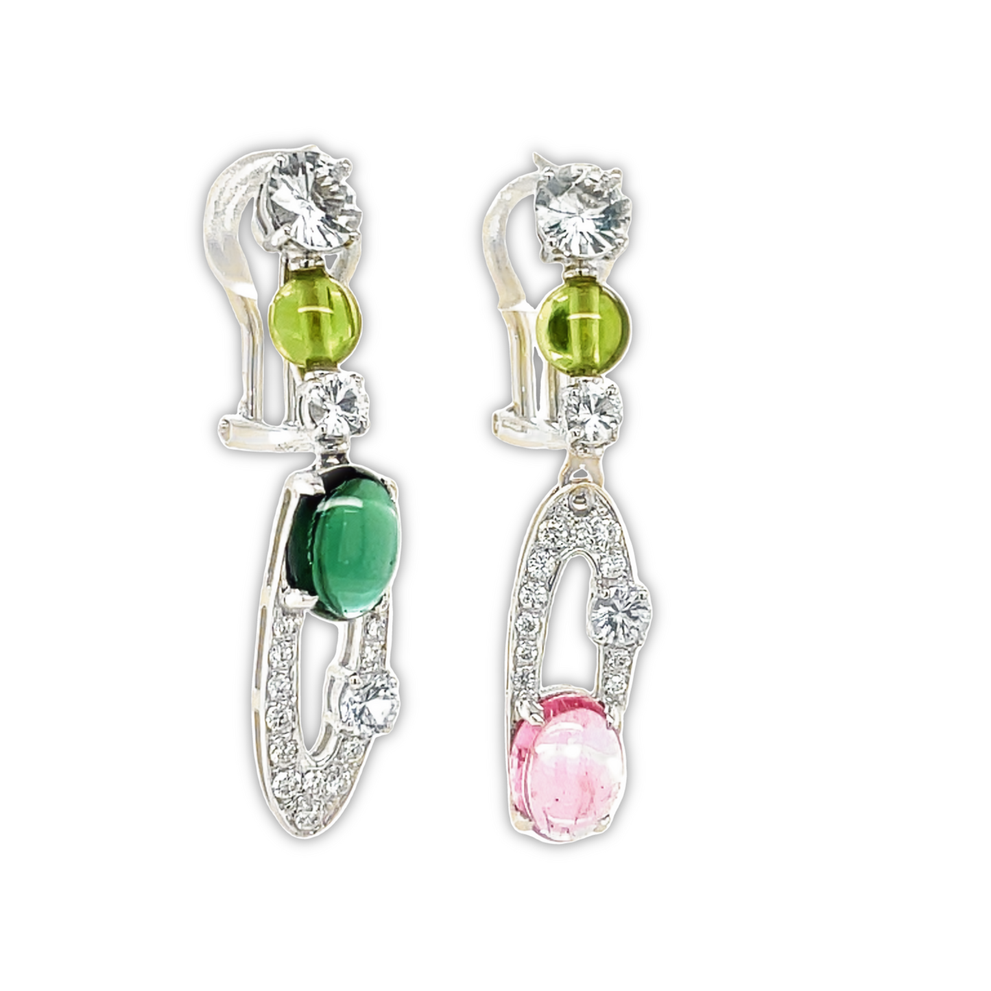 Side view of 18k White Gold Tourmaline, Diamond & White Sapphire Drop Earrings