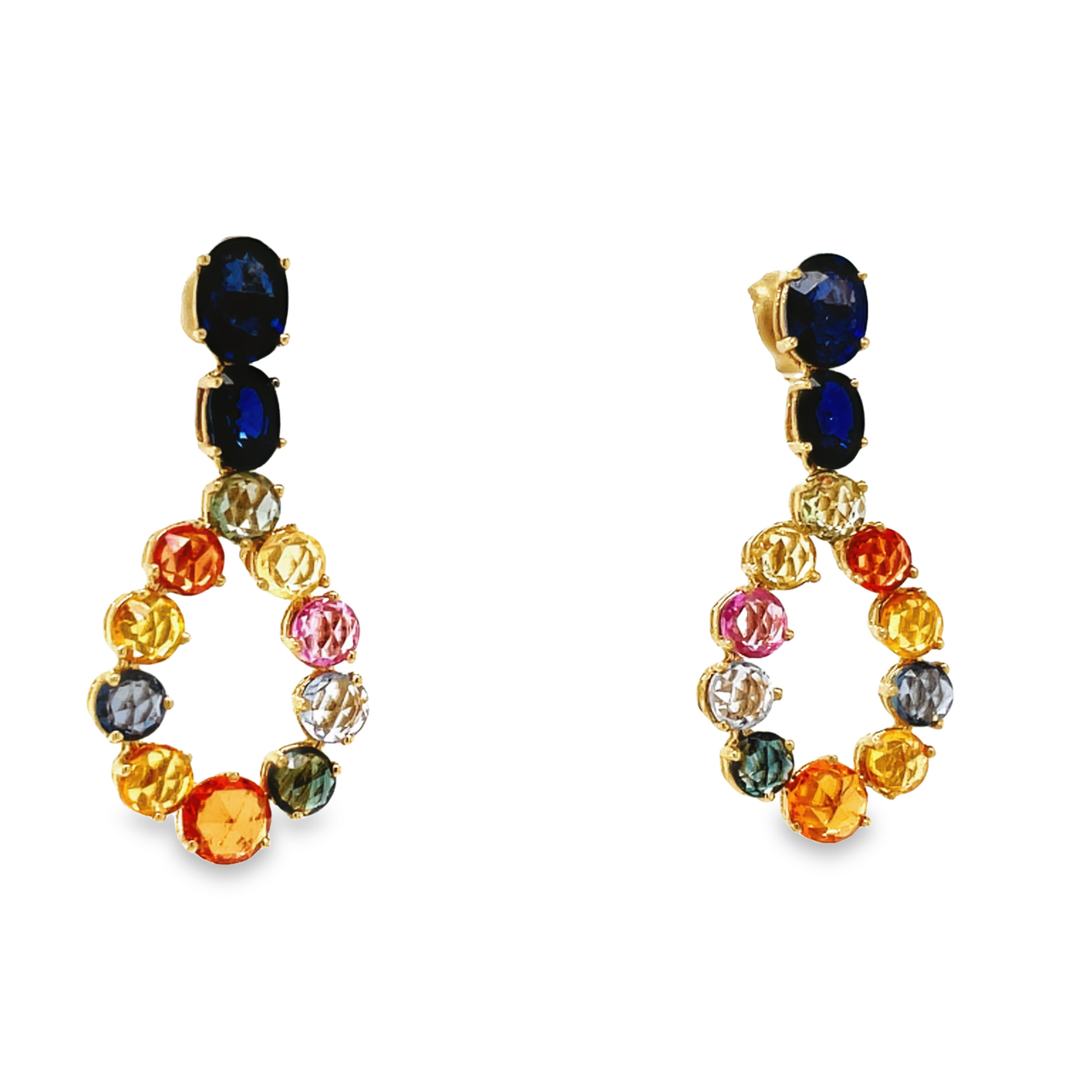 Side view of 14k Yellow Gold Multicolor Sapphire Drop Earrings