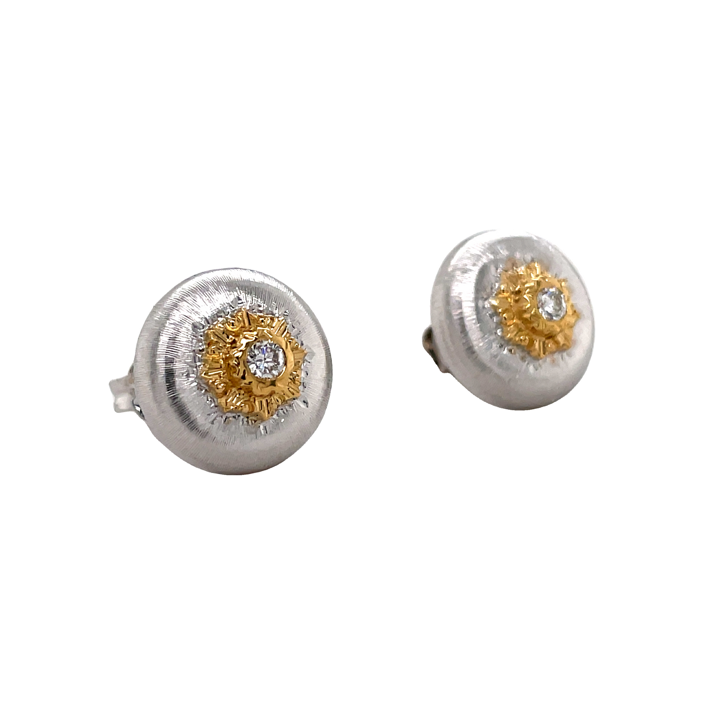Modern Brushed & Engraved 18k Two Tone Gold Italian Stud Earrings Side view 