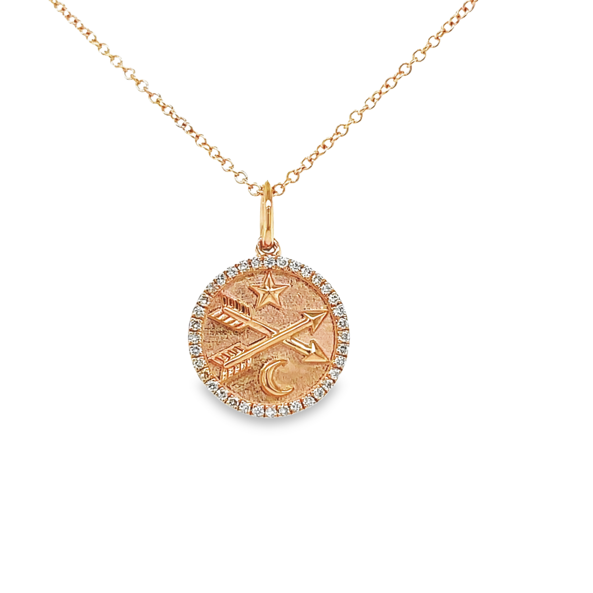Front view of Diamond Crossed Arrows, Star & Moon Rose Gold Pendant Necklace