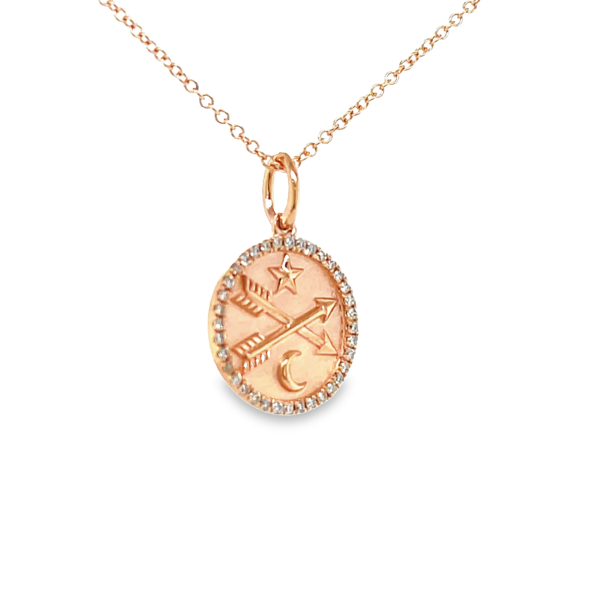 Side view of Diamond Crossed Arrows, Star & Moon Rose Gold Pendant Necklace
