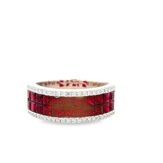 Front view of 14k White Gold Princess Cut Ruby & Diamond Band