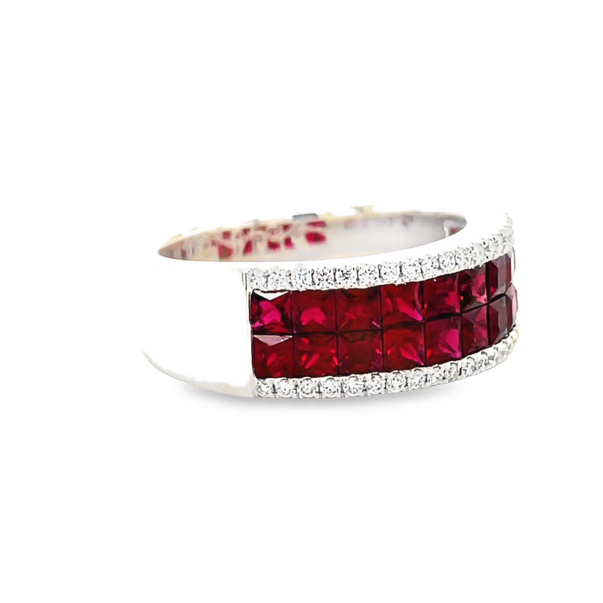 Side view of 14k White Gold Princess Cut Ruby & Diamond Band