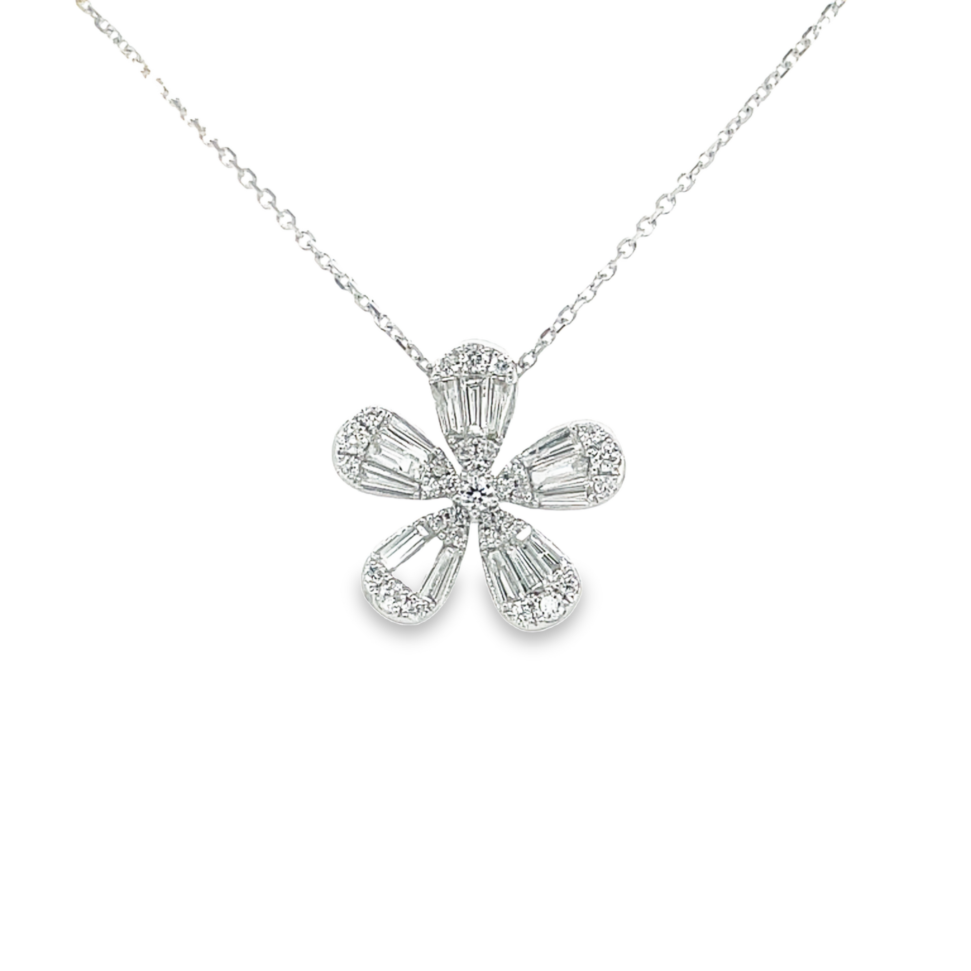 Five Petal Baguette & Round Diamond Flower Motif Pendant Necklace Front view