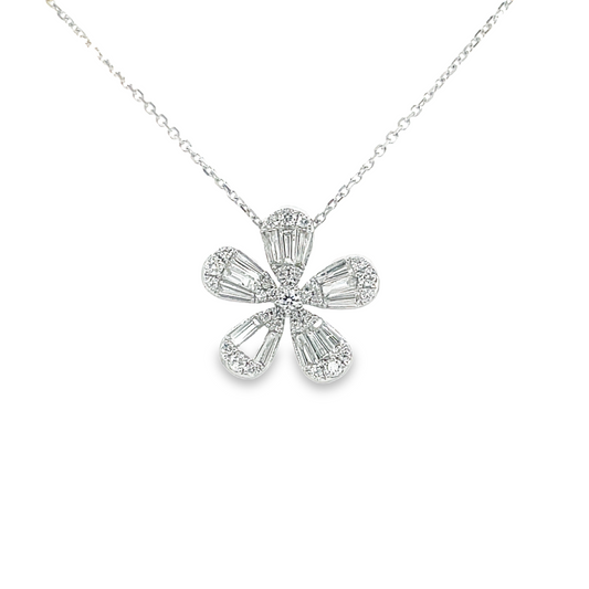 Five Petal Baguette & Round Diamond Flower Motif Pendant Necklace Front view