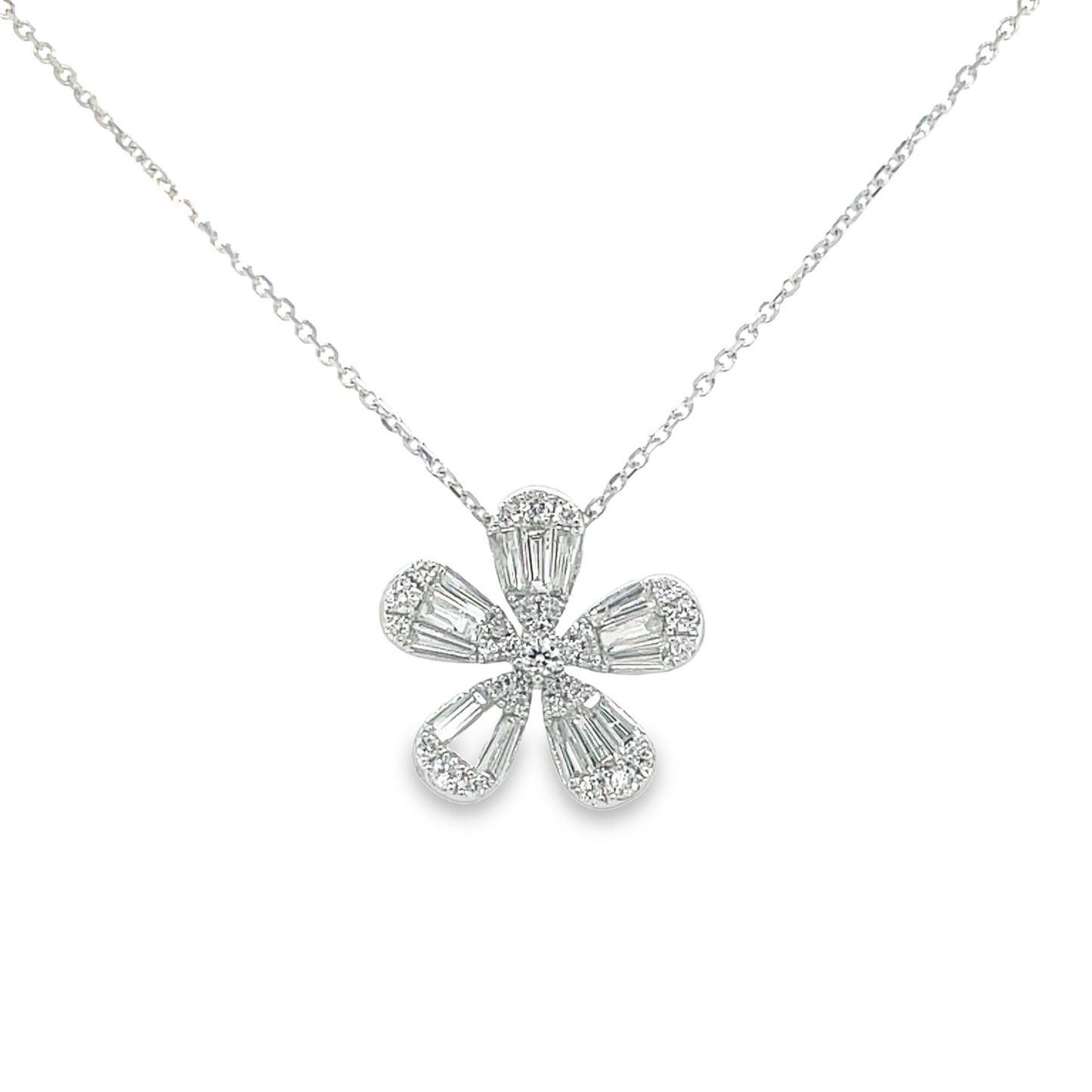 Five Petal Baguette & Round Diamond Flower Motif Pendant Necklace Front view 