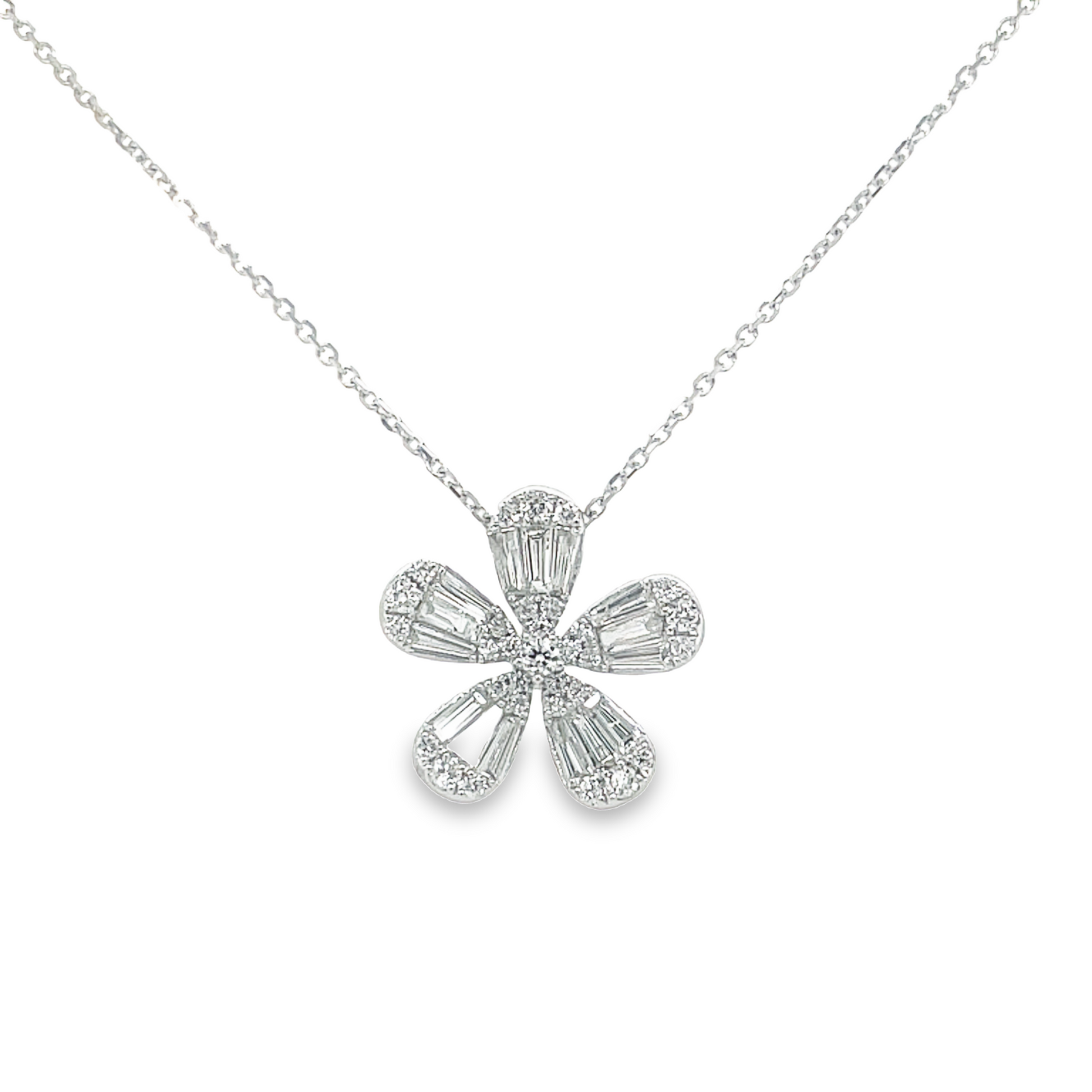 Five Petal Baguette & Round Diamond Flower Motif Pendant Necklace Front view 