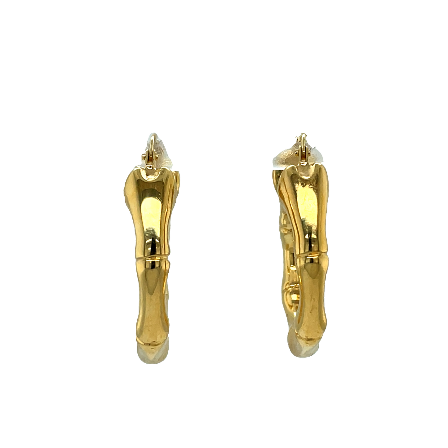 14k Italian Yellow Gold Bamboo Style Hoop Earrings Front view 