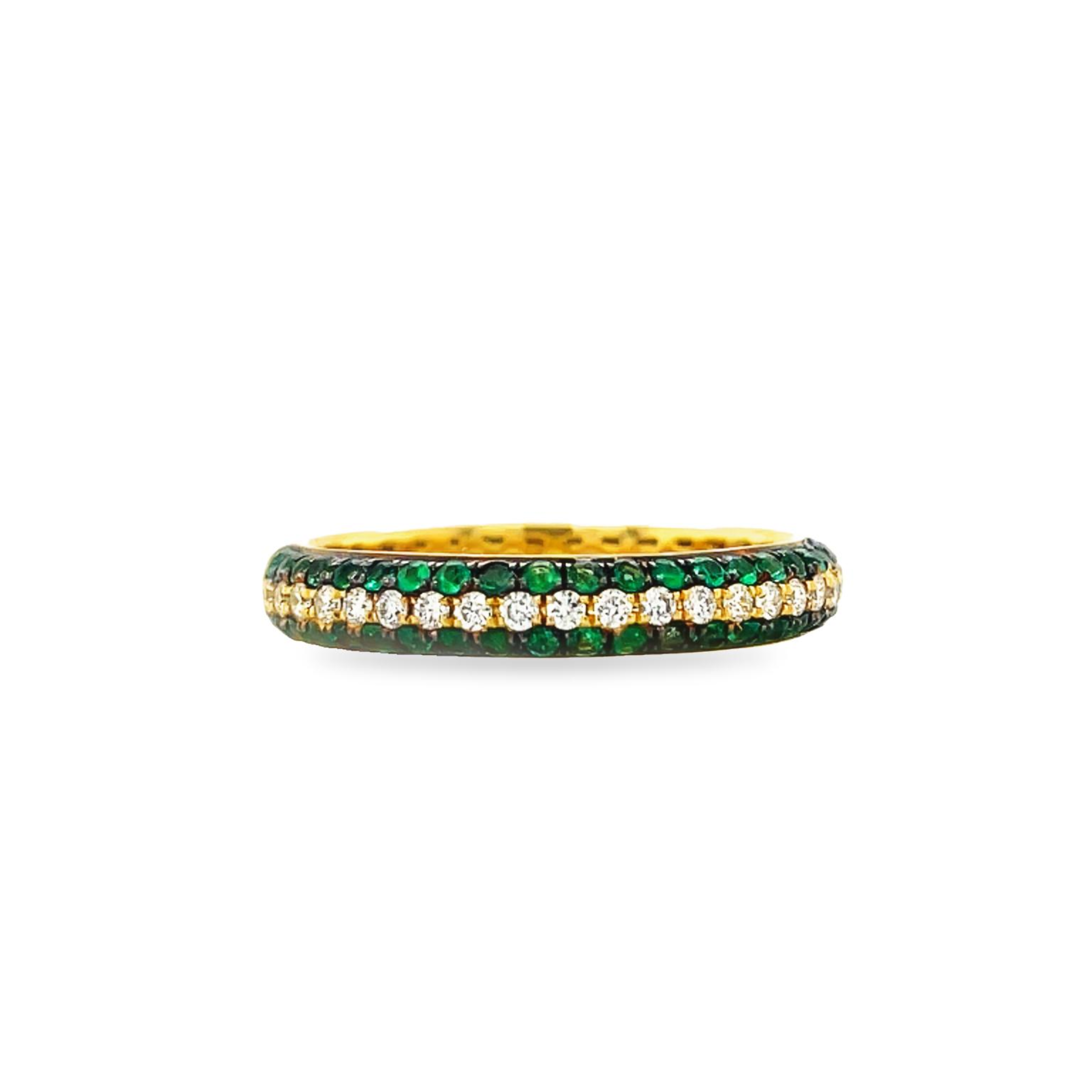 Stackable bands  Bright & bold colors set in sparking diamond pave mountings.  18k yellow gold.   3.50 mm width   Round diamonds 0.22 cts  6.5 size (sizeable)  0.22 cts emeralds