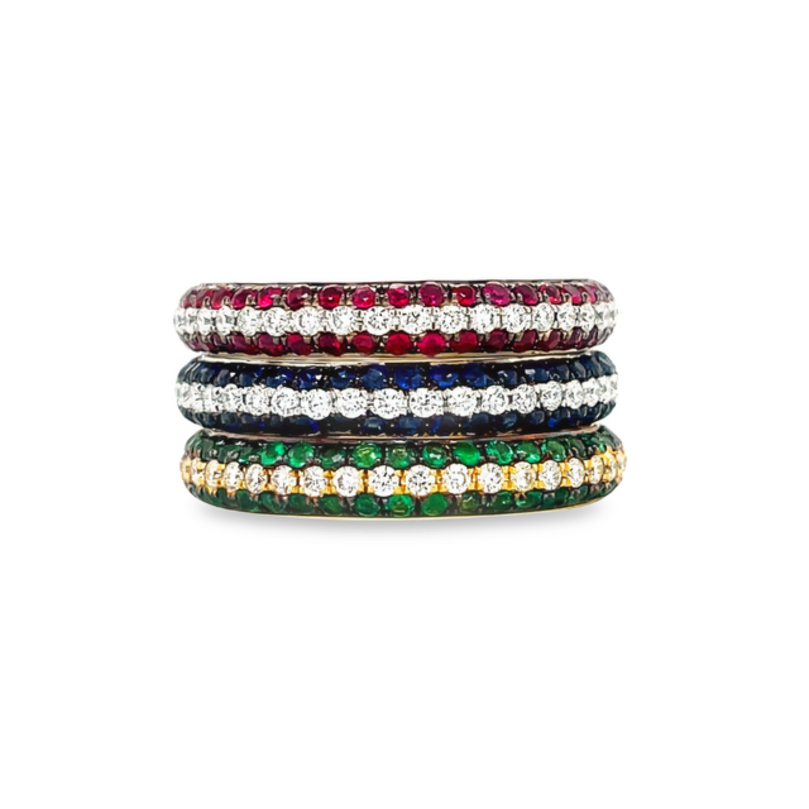 Stackable bands  Bright & bold colors set in sparking diamond pave mountings.  18k yellow gold.   3.50 mm width   Round diamonds 0.22 cts  6.5 size (sizeable)  0.22 cts emeralds