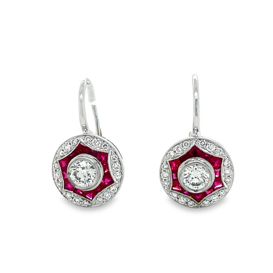 Front view of Platinum Handmade Art Deco Ruby & Diamond Dangling Earrings