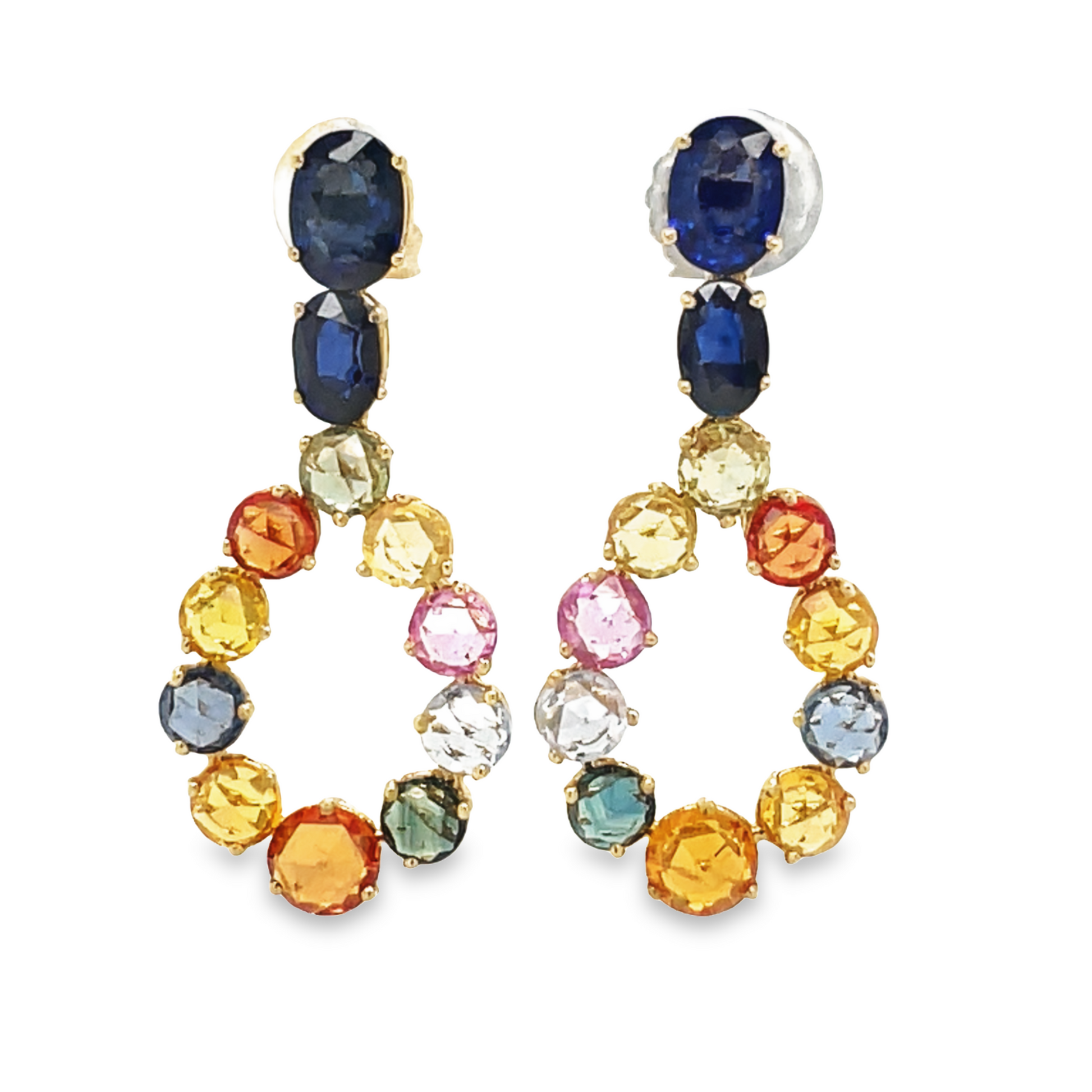 Front view of 14k Yellow Gold Multicolor Sapphire Drop Earrings