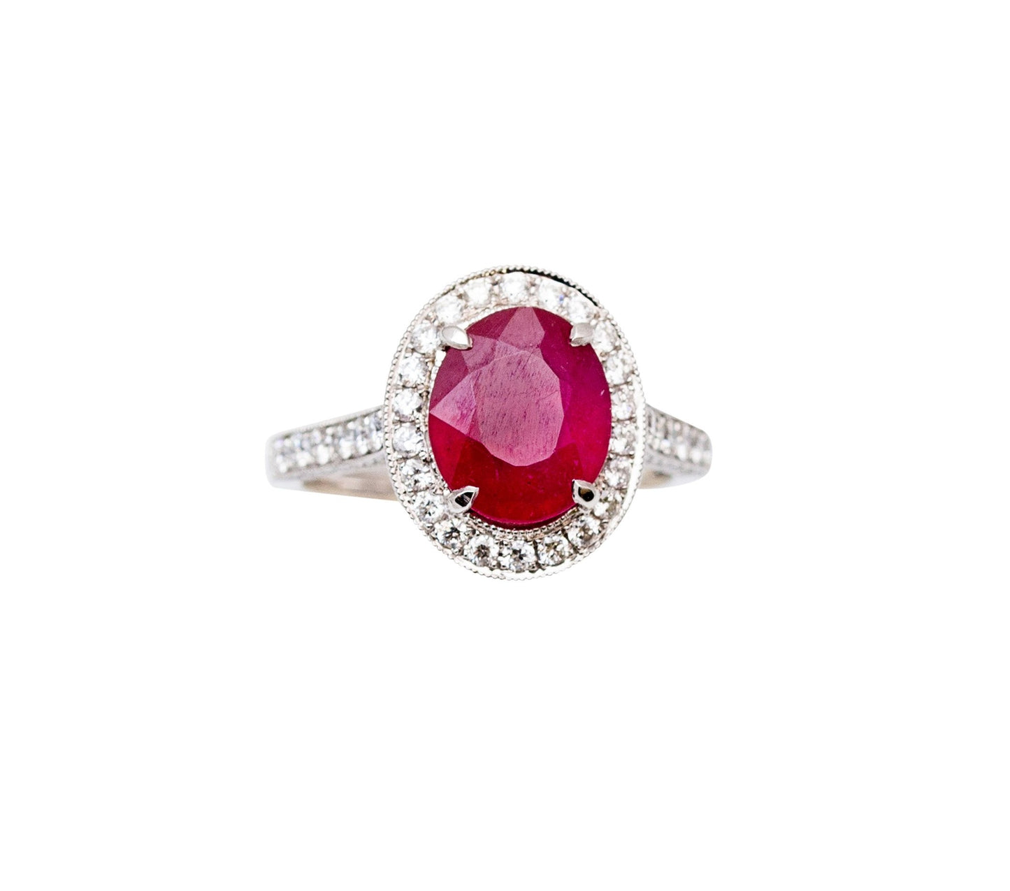 Front view of 18k White Gold Oval Faceted Ruby & Diamond Ring