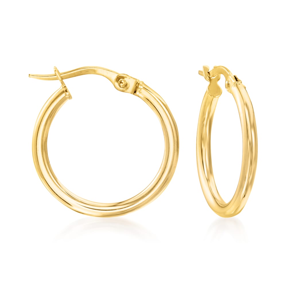 Small Size Thin 2.00 mm Italian Hoop Gold Earrings Front and Side View