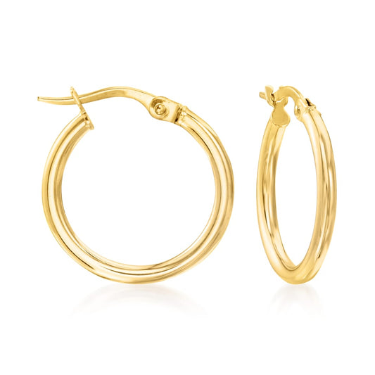 Small Size Thin 2.00 mm Italian Hoop Gold Earrings Front and Side View