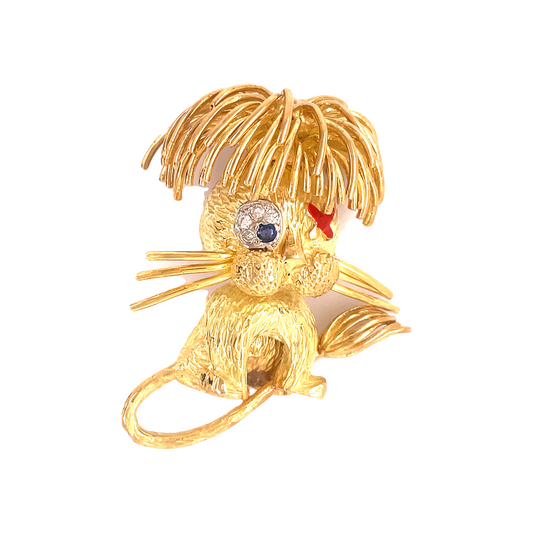 Front view of 18k Yellow Gold Cute Large Lion Diamond Brooch